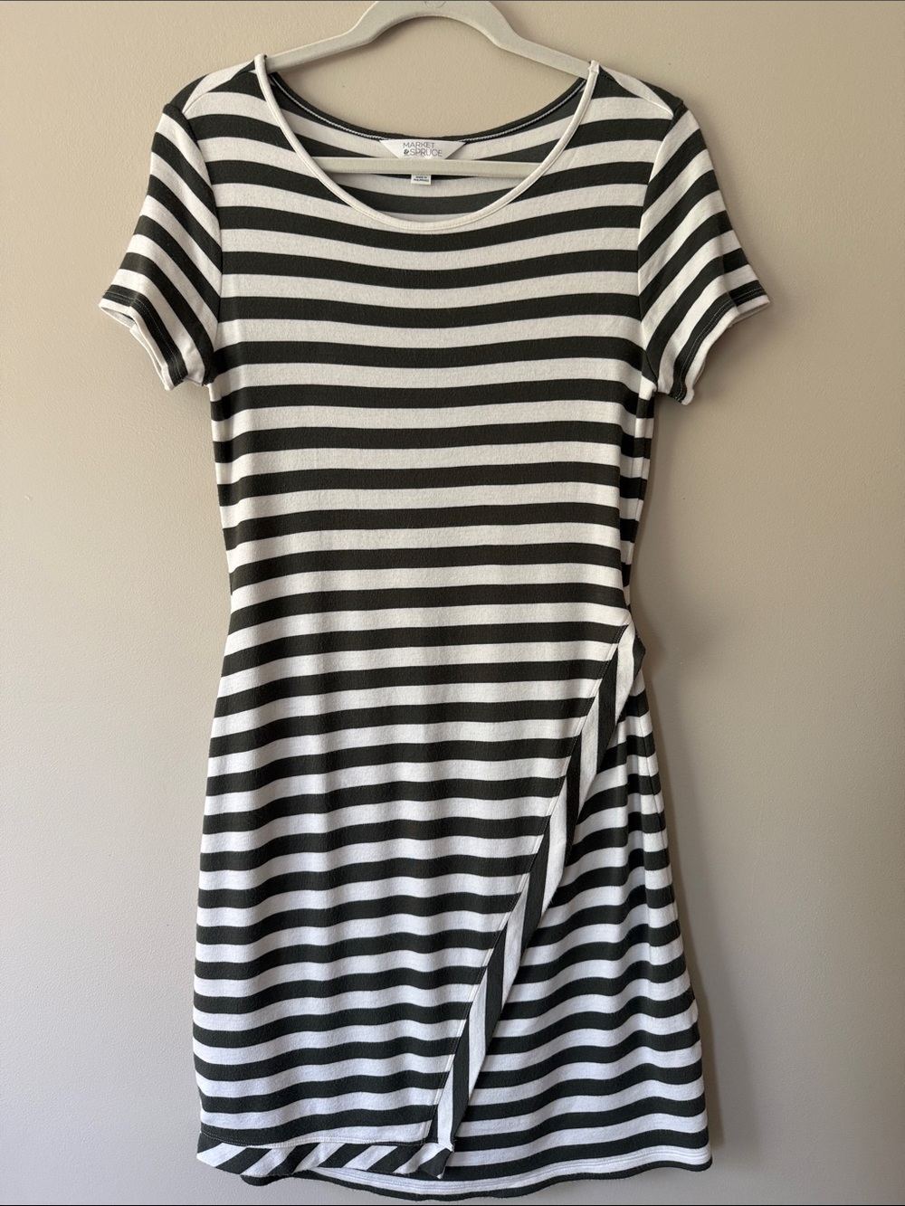 Market & Spruce Olive Green and White Striped Short-Sleeve Faux Wrap Mini Dress